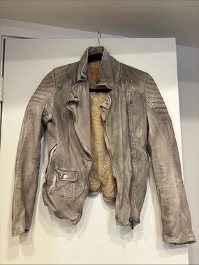 Taupe Leather Bomber Jacket with Quilted Shoulders